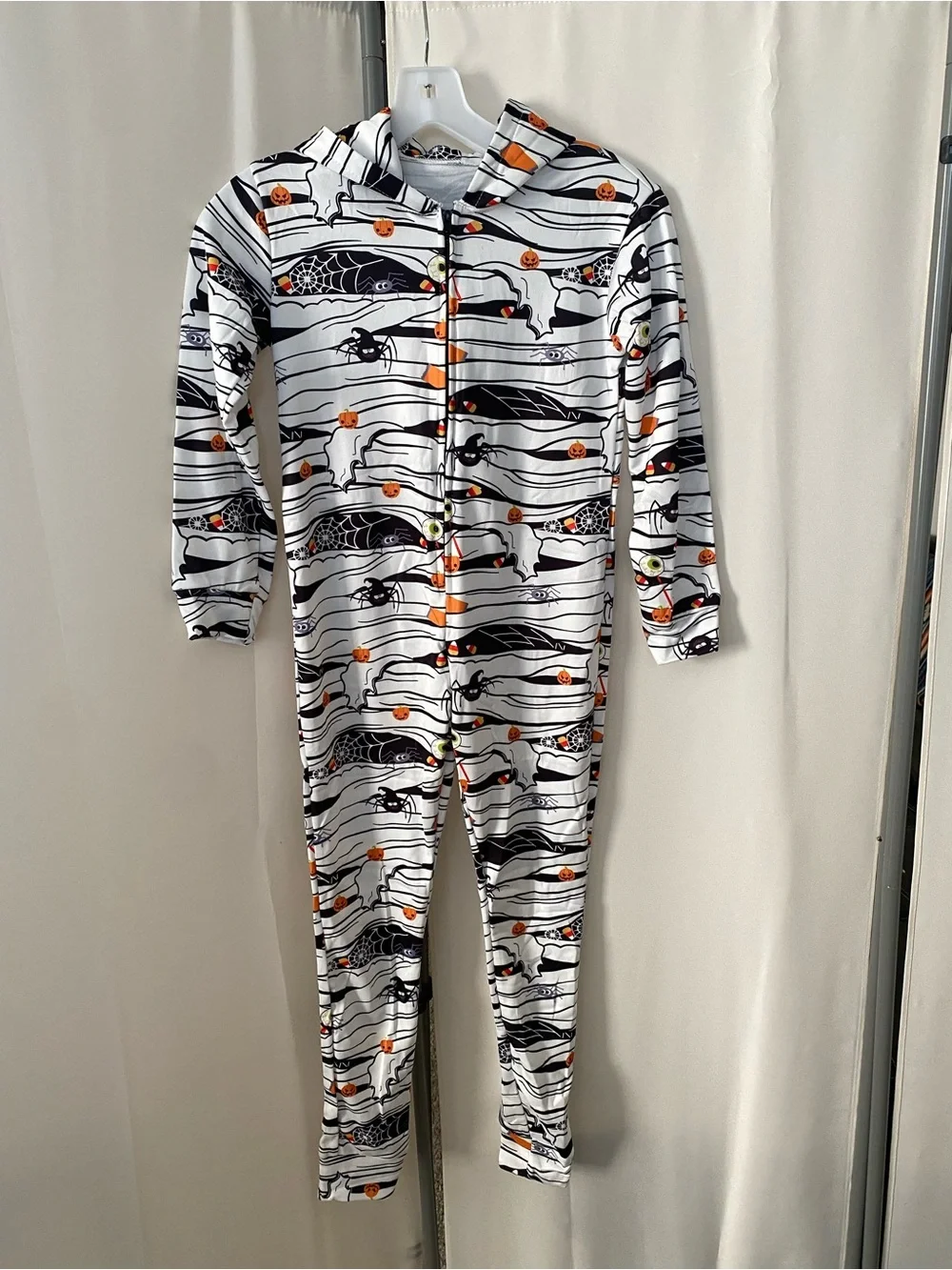 Kids Unisex Halloween One Piece Pajama Jumpsuit Size 8-10 Hooded Spider Pumpkin